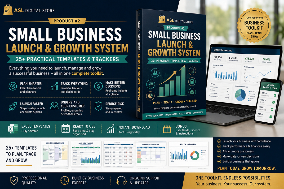 Small Business Launch & Growth System – 25+ Business Templates & Trackers
