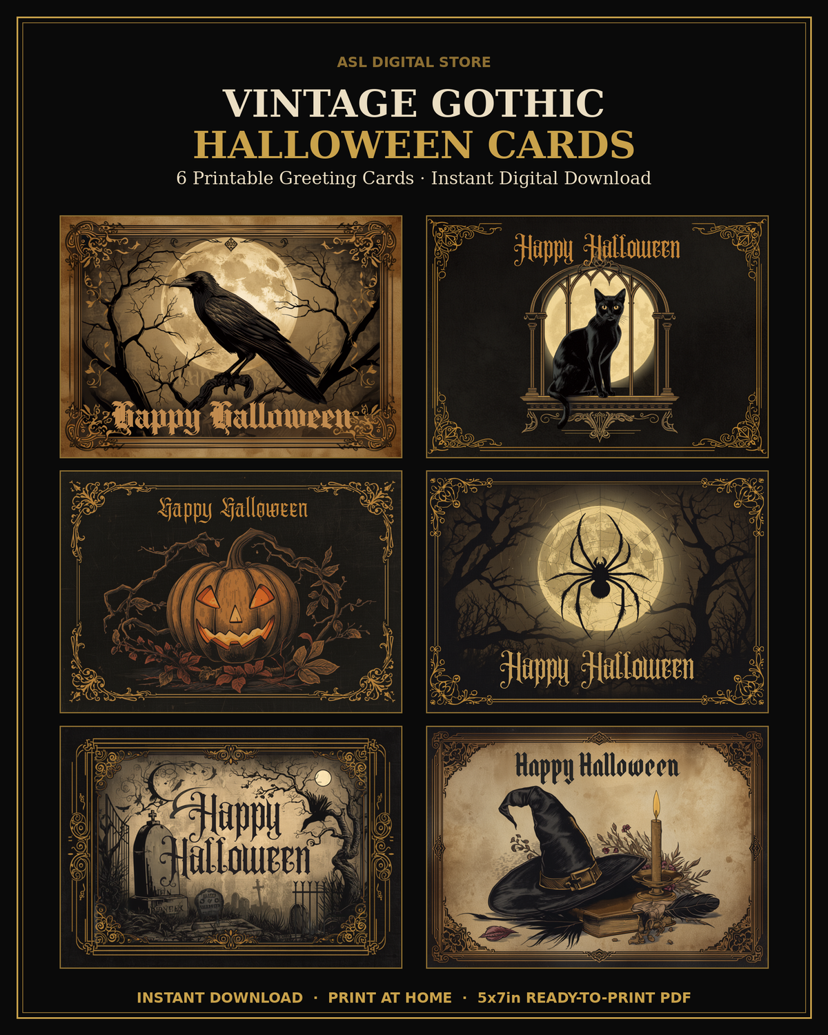Vintage Gothic Halloween Printable Card Bundle | 6 Digital Greeting Cards | Instant Download