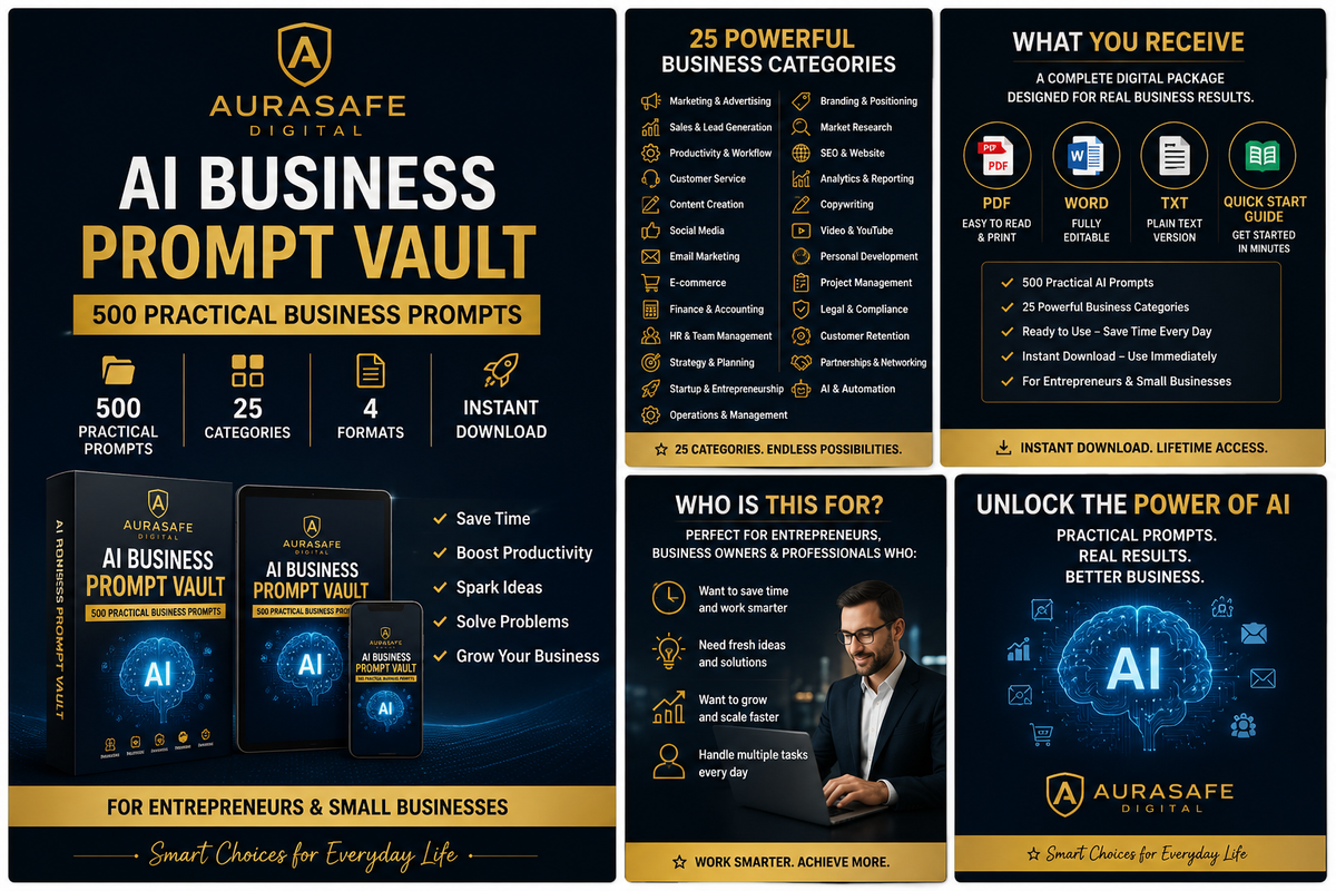 Digital AI Business Prompt Vault – 500 Practical AI Prompts for Entrepreneurs & Small Businesses
