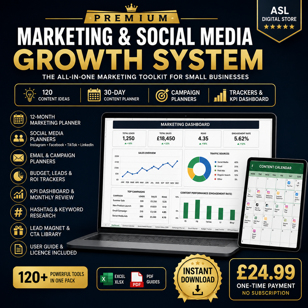 Premium Small Business Marketing & Social Media Growth System – 120 Content Ideas, Campaign Planners, Trackers & KPI Dashboard