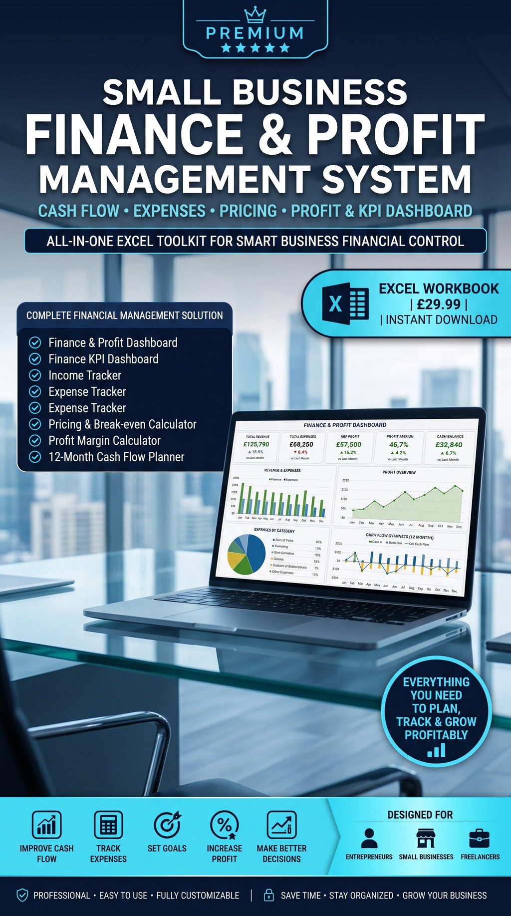 Premium Small Business Finance & Profit Management System – Cash Flow, Expenses, Pricing, Profit & KPI Dashboard
