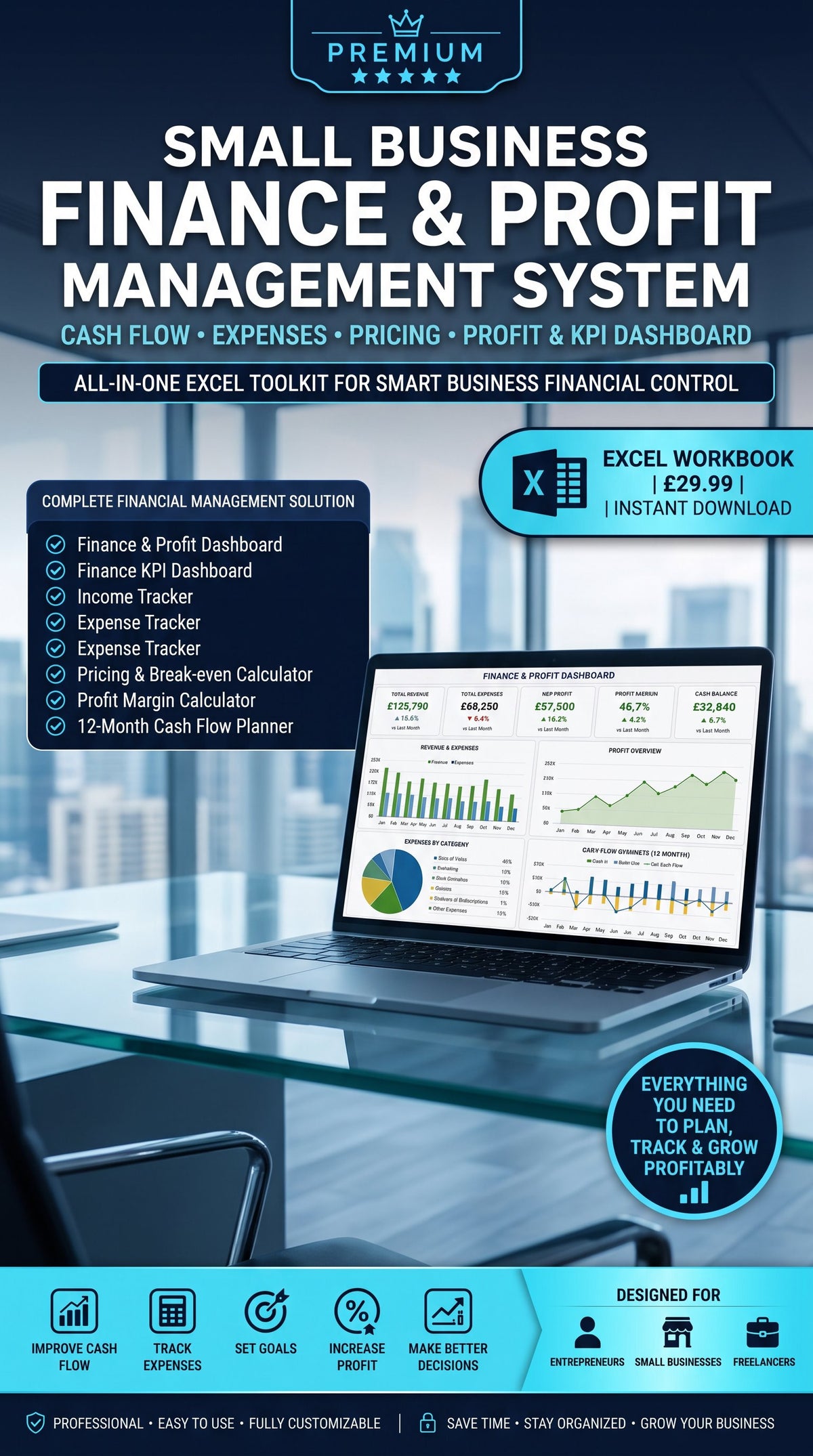 Premium Small Business Finance & Profit Management System – Cash Flow, Expenses, Pricing, Profit & KPI Dashboard