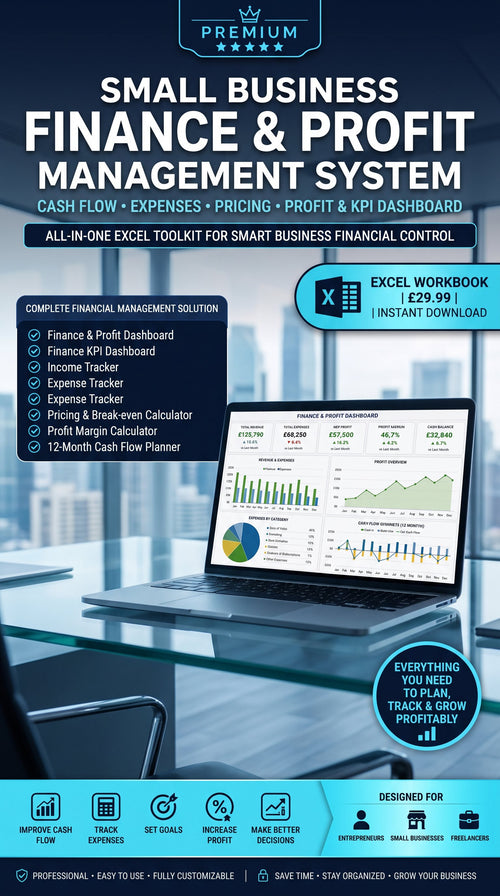 Premium Small Business Finance & Profit Management System – Cash Flow, Expenses, Pricing, Profit & KPI Dashboard